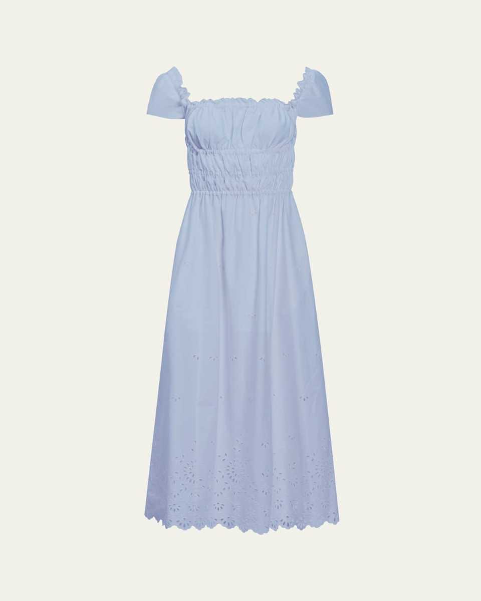 Lily Smocked Midi Dress with Eyelet Embroidery